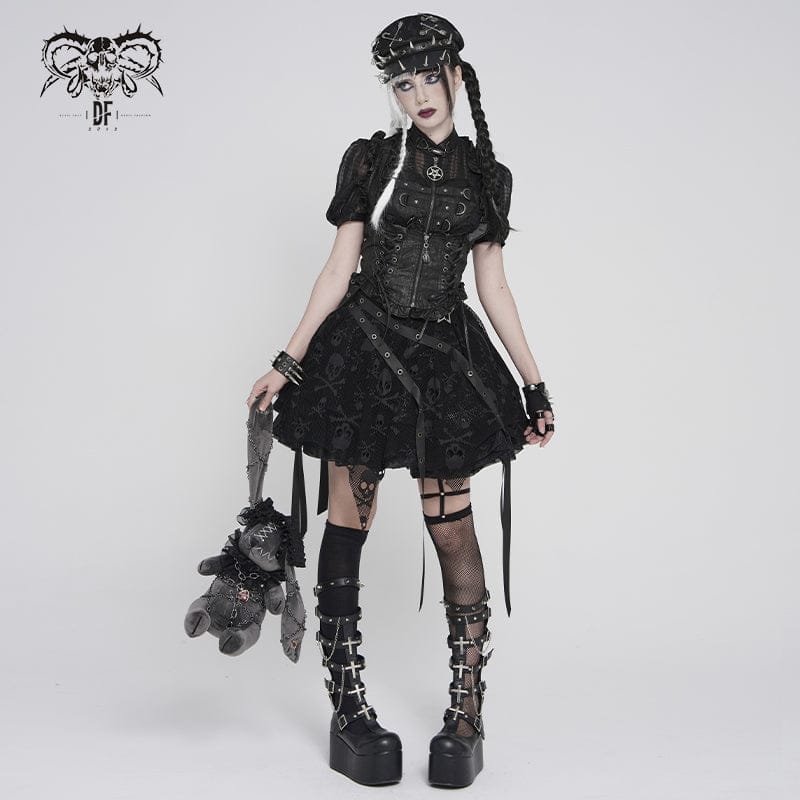DEVILFASHION Women's Punk Irregular Skull Eyelet Straps Mesh Skirt Black