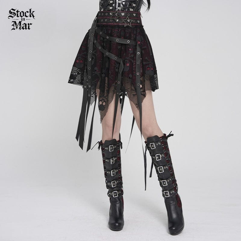 DEVILFASHION Women's Punk Irregular Skull Eyelet Straps Mesh Skirt Black-Red