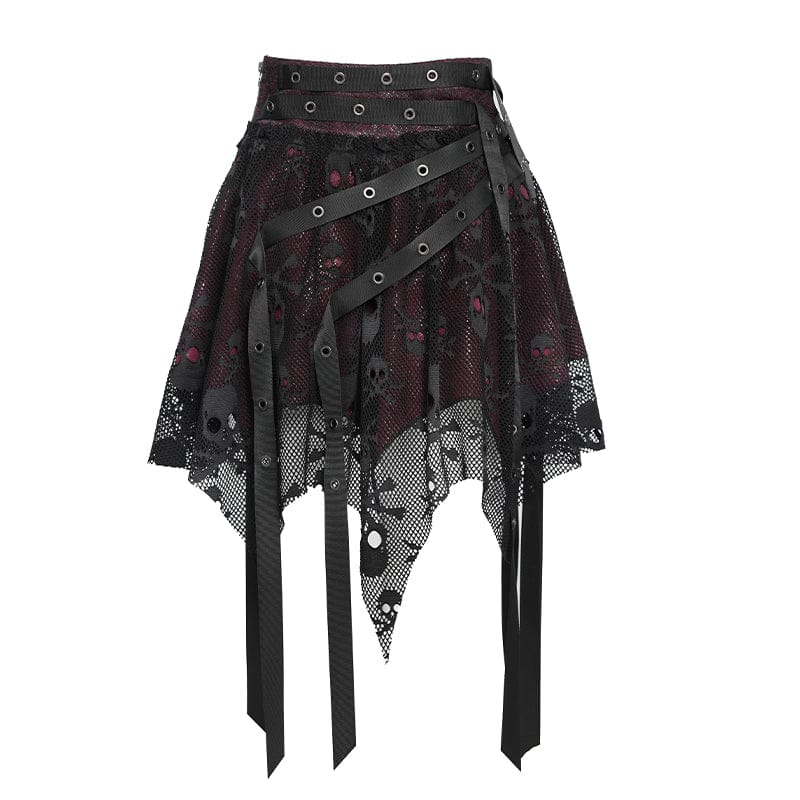 DEVILFASHION Women's Punk Irregular Skull Eyelet Straps Mesh Skirt Black-Red