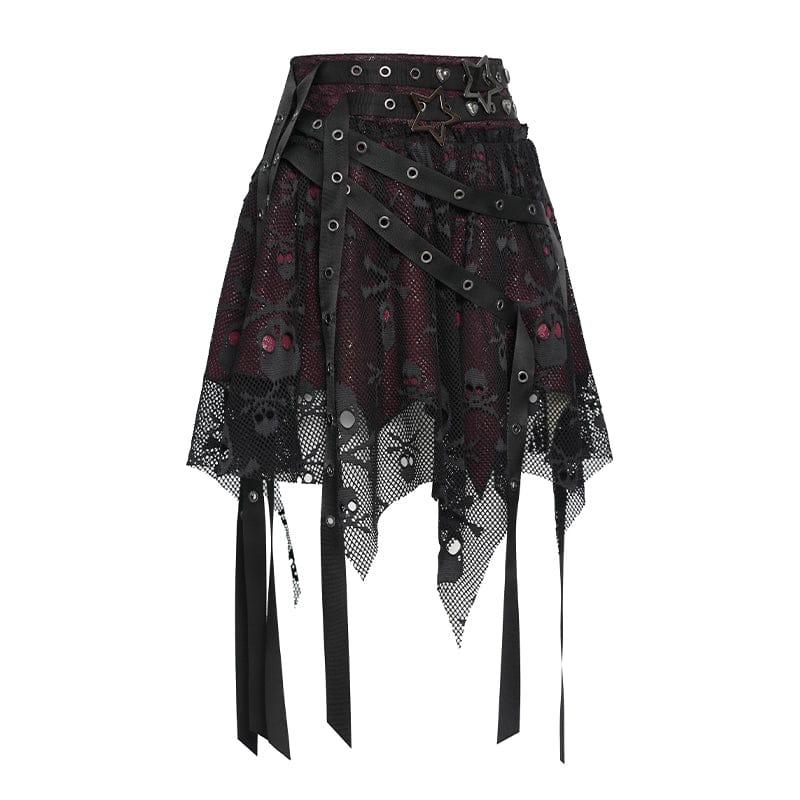 DEVILFASHION Women's Punk Irregular Skull Eyelet Straps Mesh Skirt Black-Red