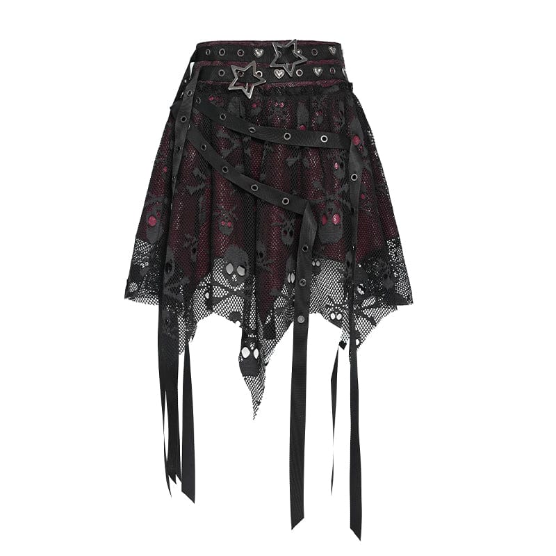 DEVILFASHION Women's Punk Irregular Skull Eyelet Straps Mesh Skirt Black-Red