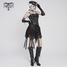 DEVILFASHION Women's Punk Irregular Skull Eyelet Straps Mesh Skirt Black-Red