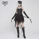 DEVILFASHION Women's Punk Irregular Skull Eyelet Straps Mesh Skirt Black-Red