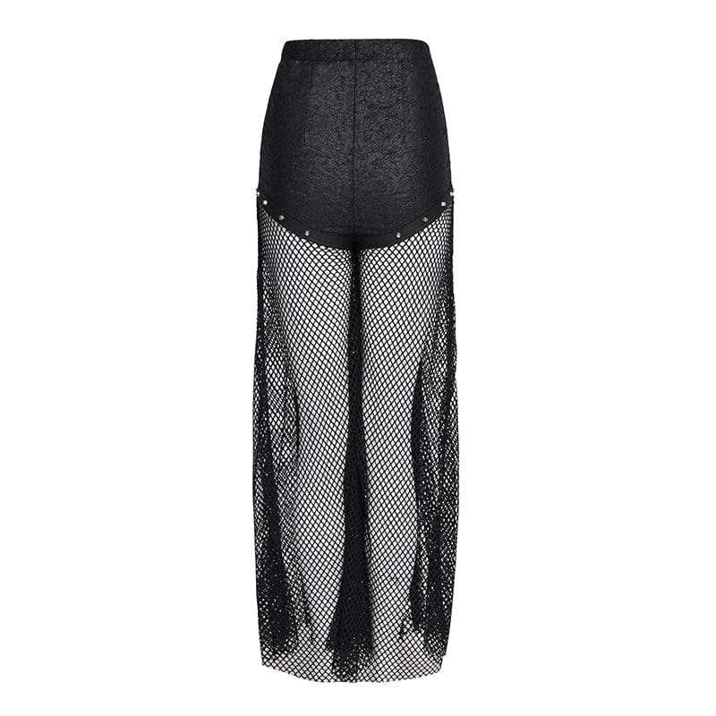 DEVILFASHION Women's Punk Rivets Chained Mesh Pants