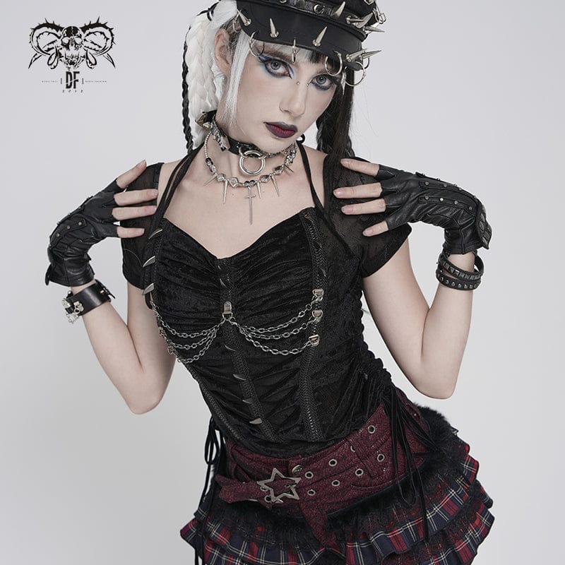 DEVILFASHION Women's Punk Studded Chained Drawstring Short Sleeved Shirt