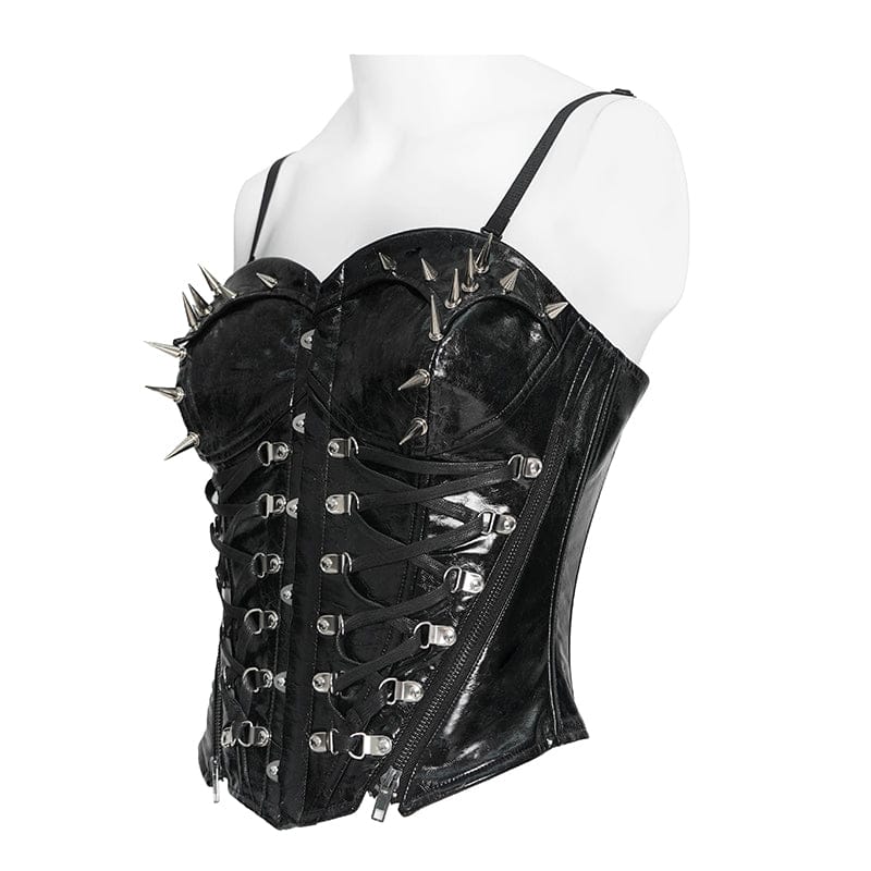 DEVILFASHION Women's Punk Studded Zip Lace-up Overbust Corset Black