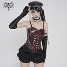 DEVILFASHION Women's Punk Studded Zip Lace-up Overbust Corset Red