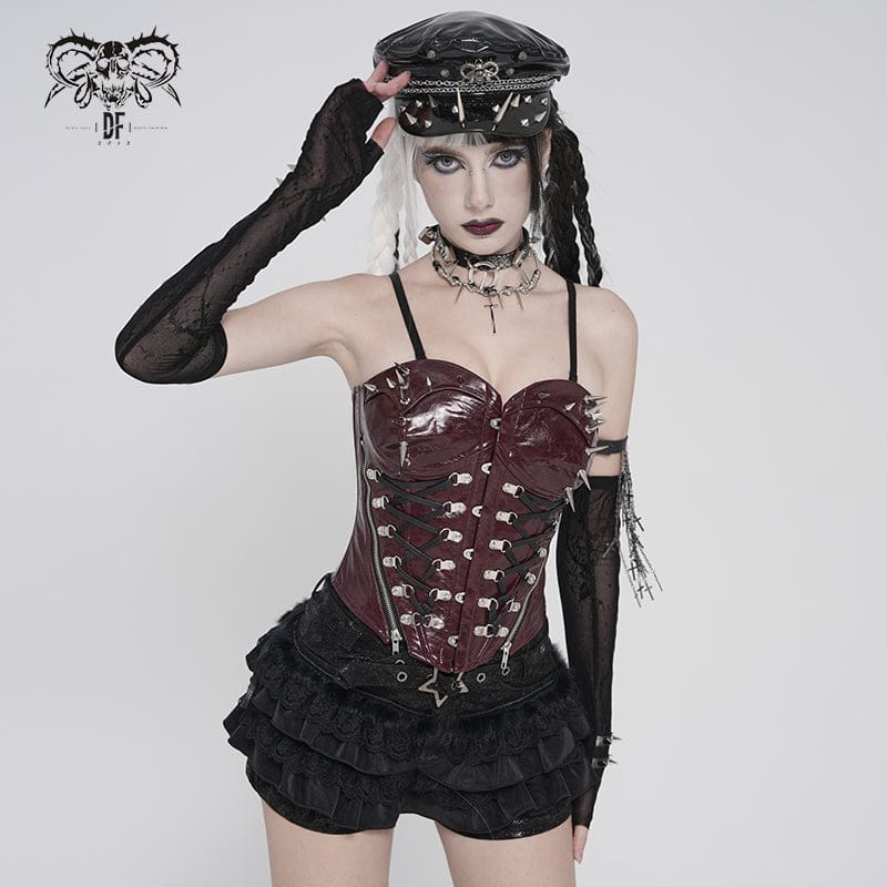 DEVILFASHION Women's Punk Studded Zip Lace-up Overbust Corset Red