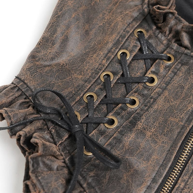 DEVILFASHION Women's Steampunk Lace-up Zip Swallow-tailed Vest Bronze