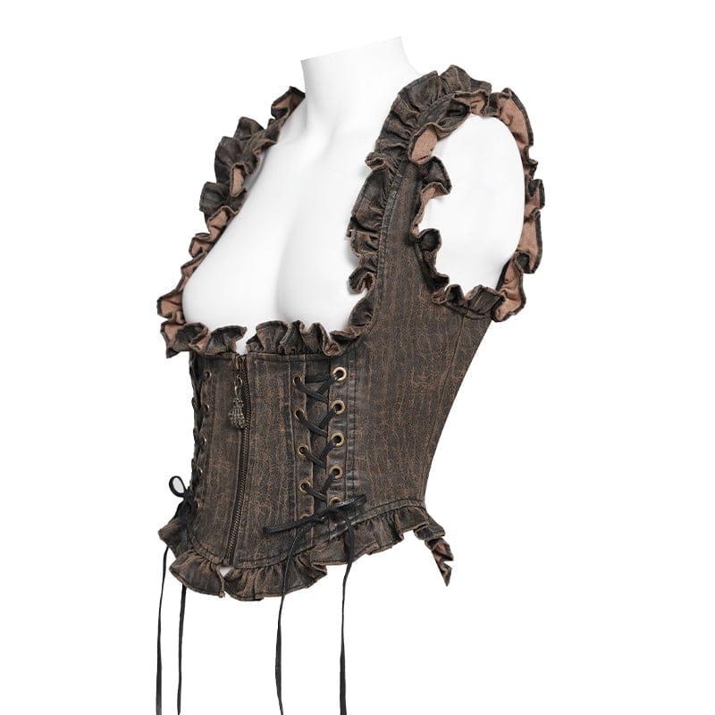 DEVILFASHION Women's Steampunk Lace-up Zip Swallow-tailed Vest Bronze