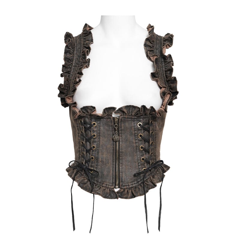 DEVILFASHION Women's Steampunk Lace-up Zip Swallow-tailed Vest Bronze