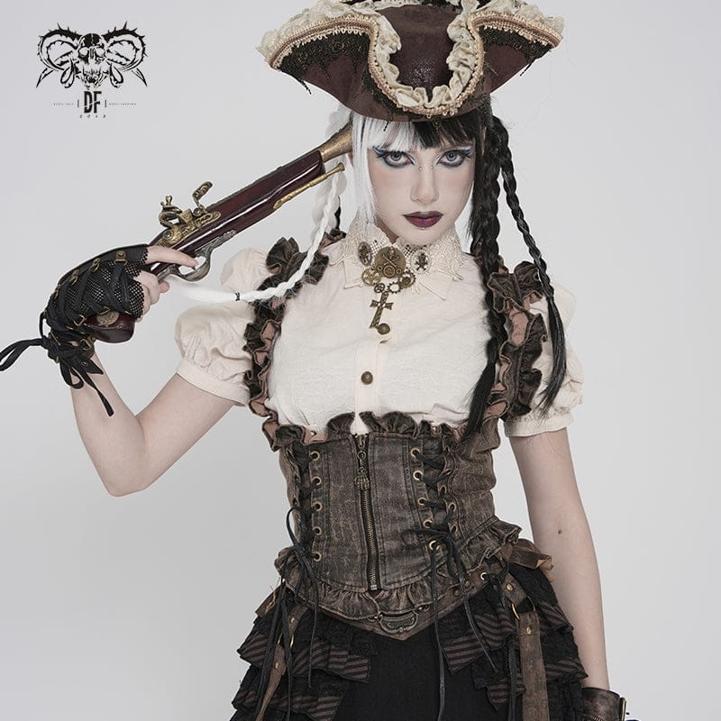 DEVILFASHION Women's Steampunk Lace-up Zip Swallow-tailed Vest Bronze