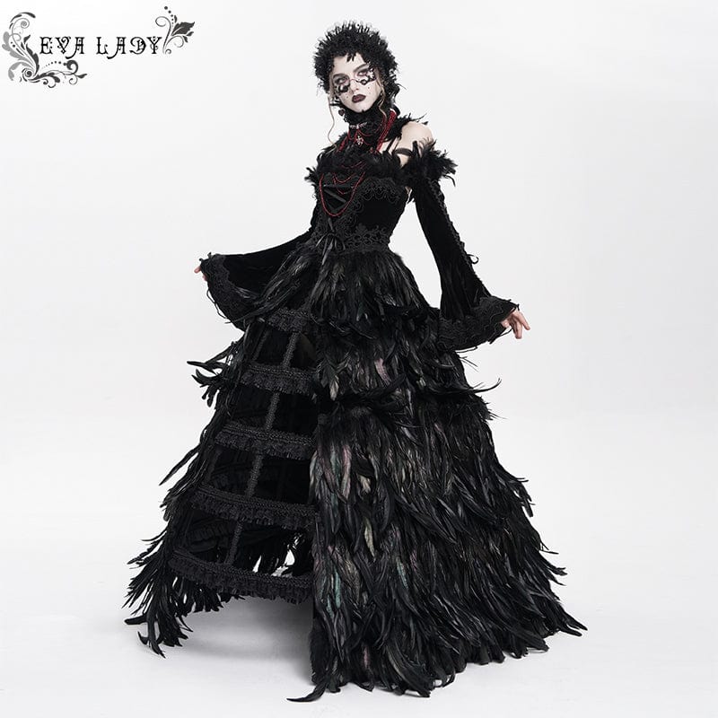 Women's Custom-made Gothic Lace-up Feather Slip Gown Black Dress Wedding Dress with Neckpiece & Sleeves Punk Design Women's Custom-made Gothic Lace-up Feather Slip Gown Black Dress Wedding Dress with Neckpiece & Sleeves Punk Design
