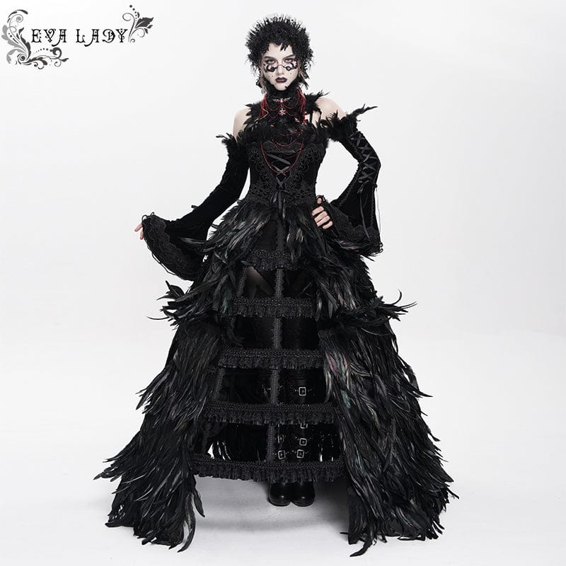 Women's Custom-made Gothic Lace-up Feather Slip Gown Black Dress Wedding  Dress with Neckpiece & Sleeves  Punk Design