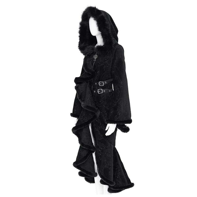 EVA LADY Women's Gothic Asymmetric Buckle Strap Hooded Jacquard Coat