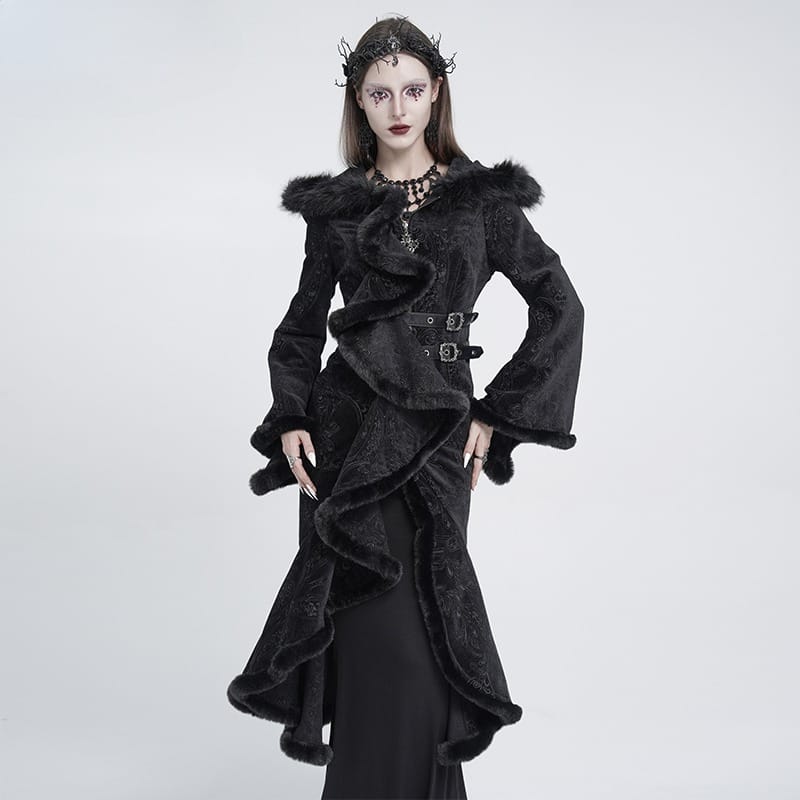 EVA LADY Women's Gothic Asymmetric Buckle Strap Hooded Jacquard Coat