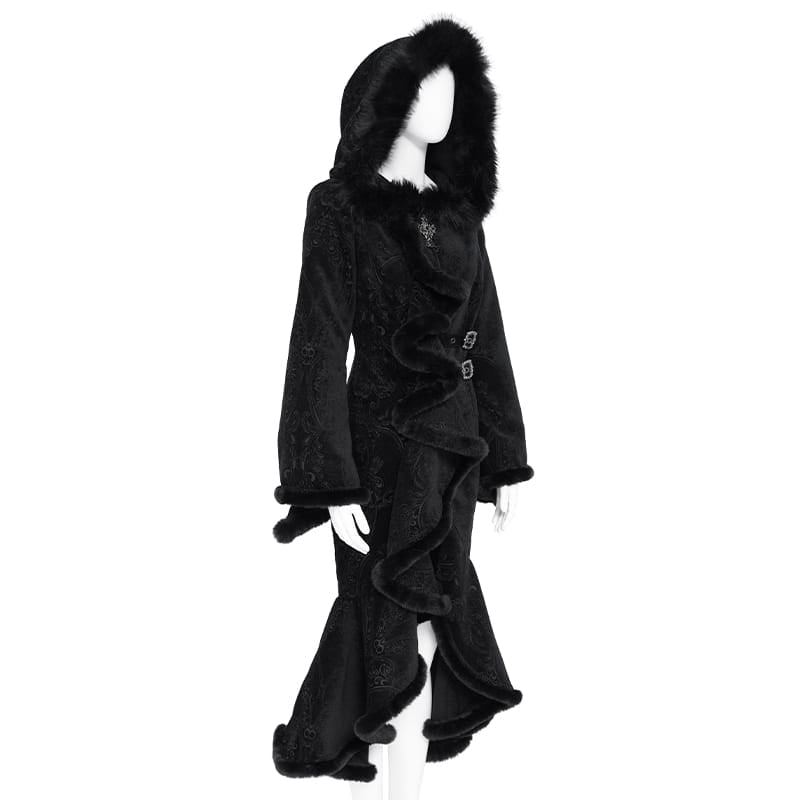 EVA LADY Women's Gothic Asymmetric Buckle Strap Hooded Jacquard Coat