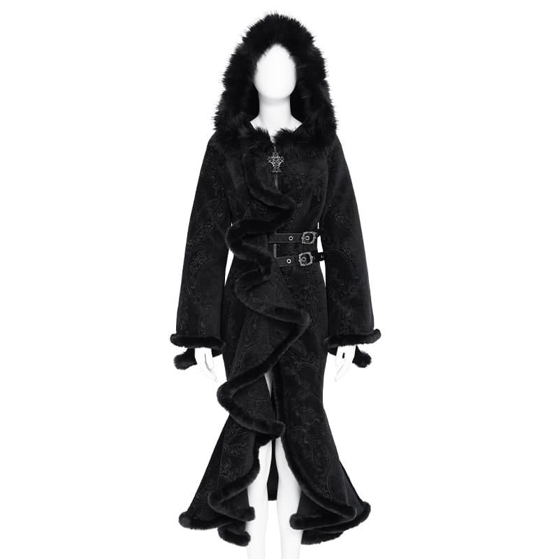 EVA LADY Women's Gothic Asymmetric Buckle Strap Hooded Jacquard Coat