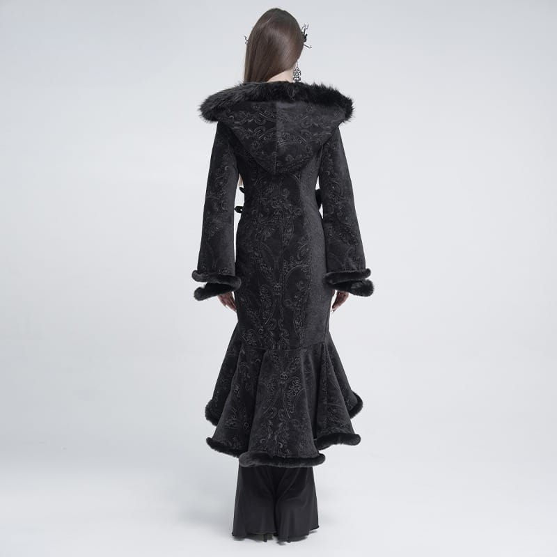 EVA LADY Women's Gothic Asymmetric Buckle Strap Hooded Jacquard Coat