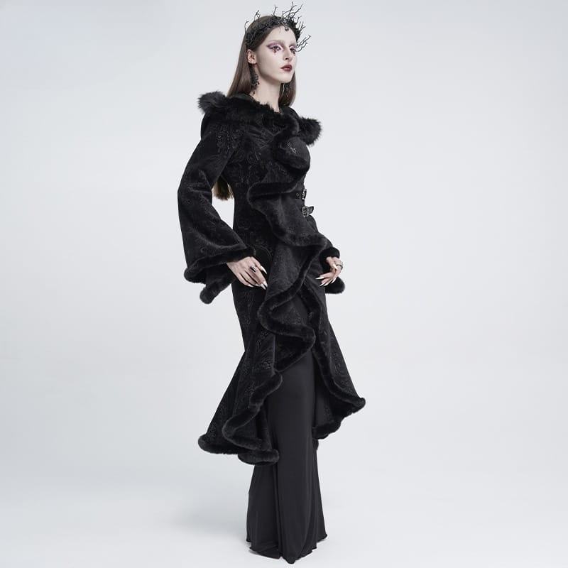 EVA LADY Women's Gothic Asymmetric Buckle Strap Hooded Jacquard Coat