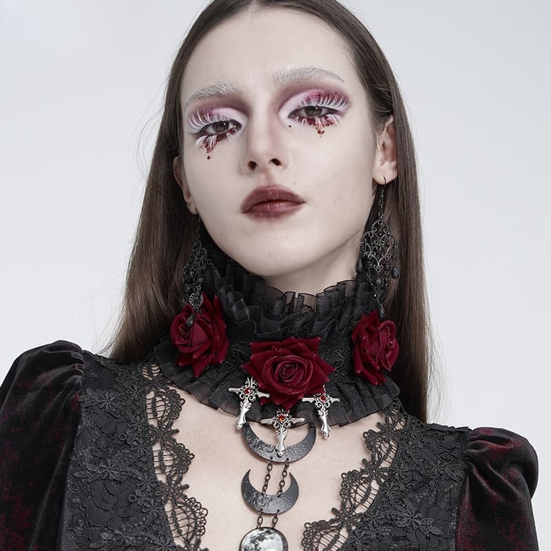 EVA LADY Women's Gothic Cross Rose Ruffled Lace Mesh Neck Collar Black-Red