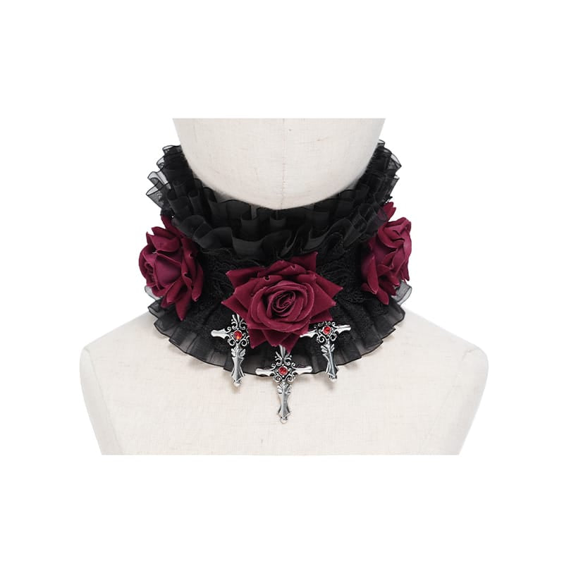 EVA LADY Women's Gothic Cross Rose Ruffled Lace Mesh Neck Collar Black-Red