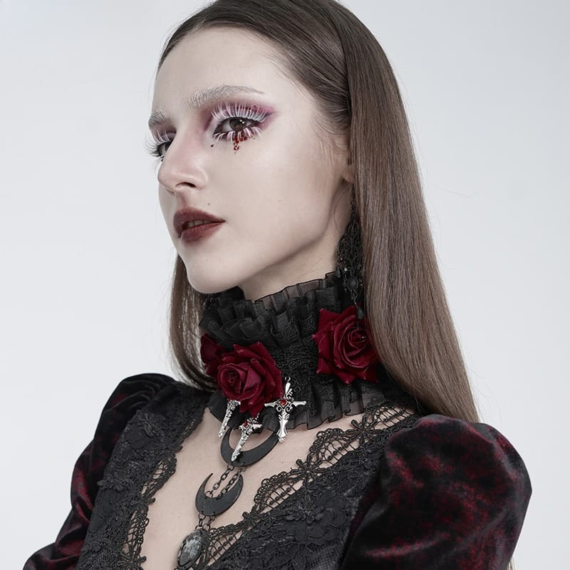 EVA LADY Women's Gothic Cross Rose Ruffled Lace Mesh Neck Collar Black-Red