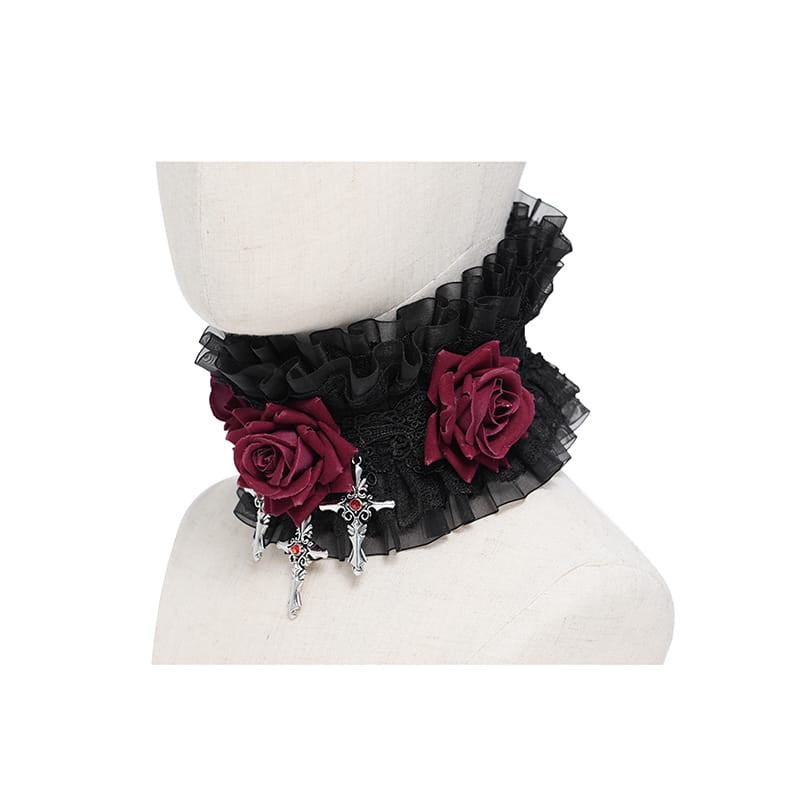 EVA LADY Women's Gothic Cross Rose Ruffled Lace Mesh Neck Collar Black-Red
