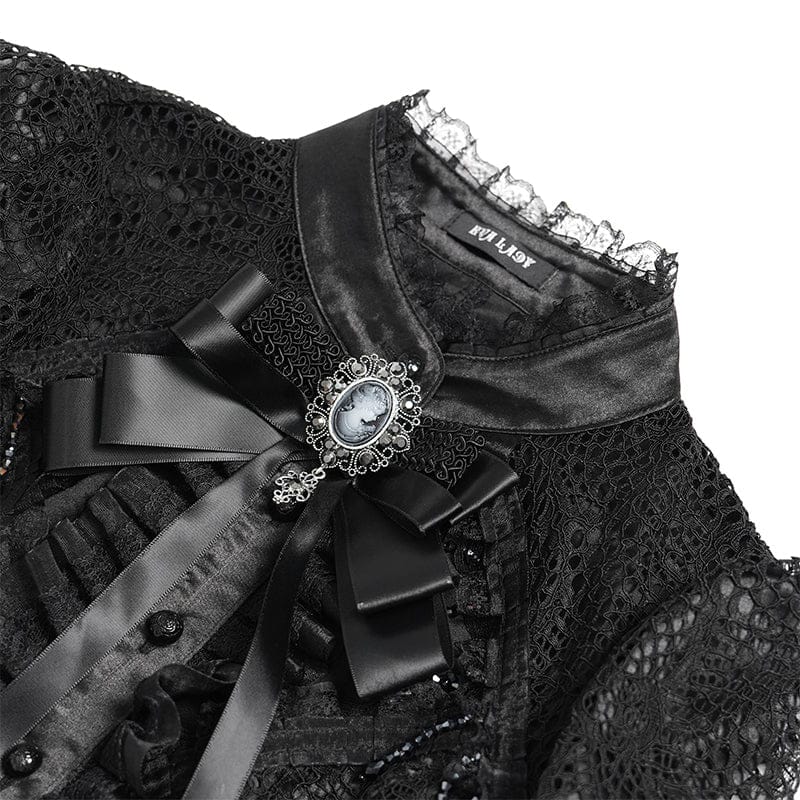 EVA LADY Women's Gothic Cutout Beaded Flared Sleeved Shirt Black