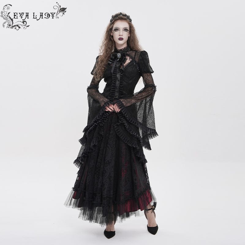 EVA LADY Women's Gothic Cutout Beaded Flared Sleeved Shirt Black