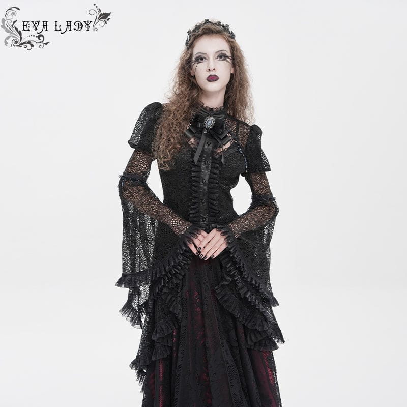 EVA LADY Women's Gothic Cutout Beaded Flared Sleeved Shirt Black