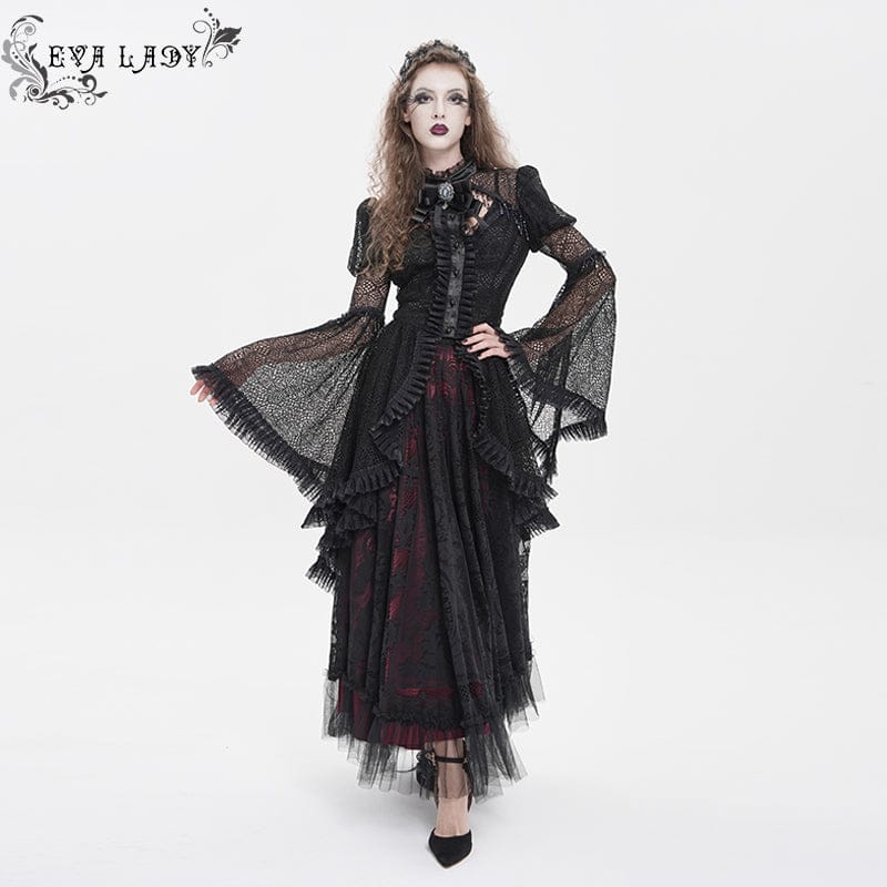 EVA LADY Women's Gothic Cutout Beaded Flared Sleeved Shirt Black