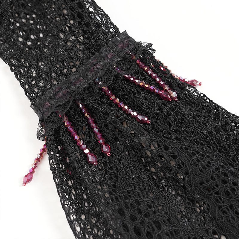 EVA LADY Women's Gothic Cutout Beaded Flared Sleeved Shirt Black-Red