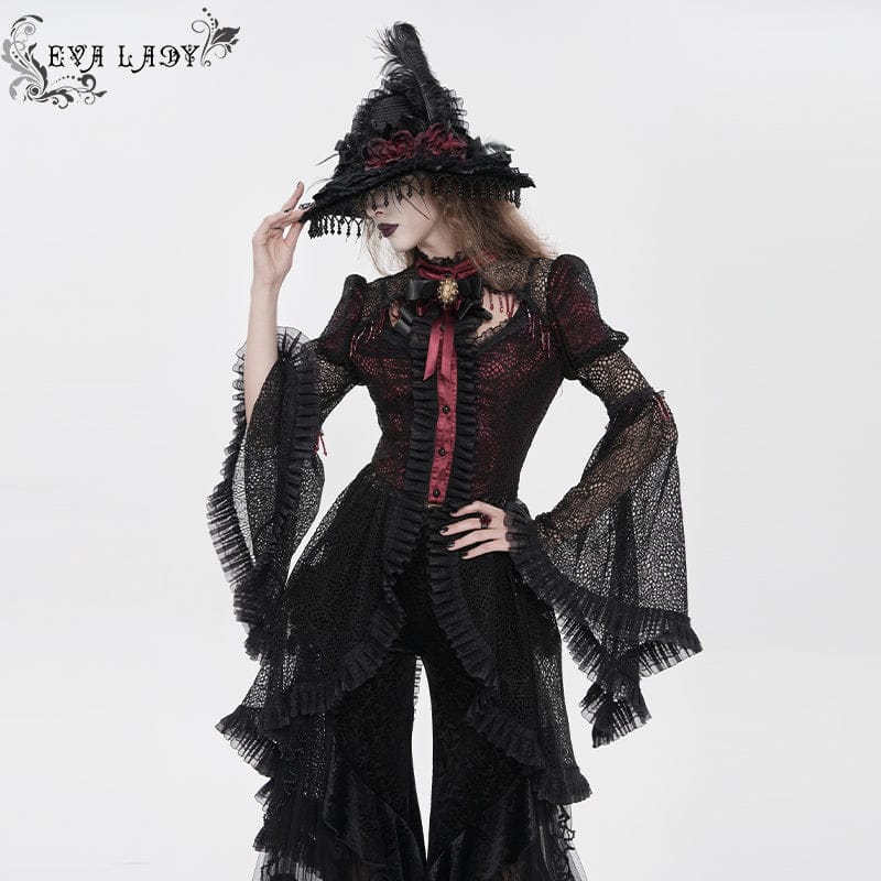 EVA LADY Women's Gothic Cutout Beaded Flared Sleeved Shirt Black-Red