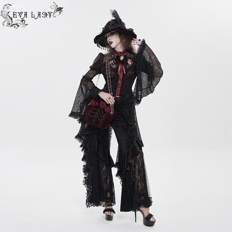 EVA LADY Women's Gothic Cutout Beaded Flared Sleeved Shirt Black-Red
