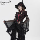 EVA LADY Women's Gothic Cutout Beaded Flared Sleeved Shirt Black-Red