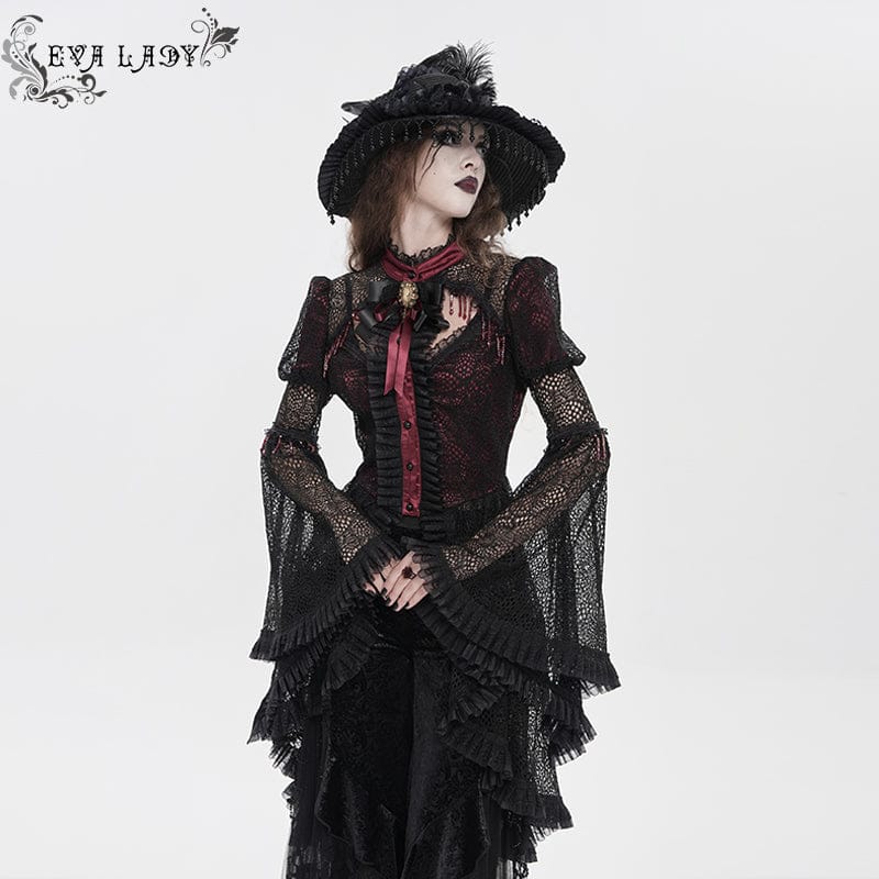 EVA LADY Women's Gothic Cutout Beaded Flared Sleeved Shirt Black-Red