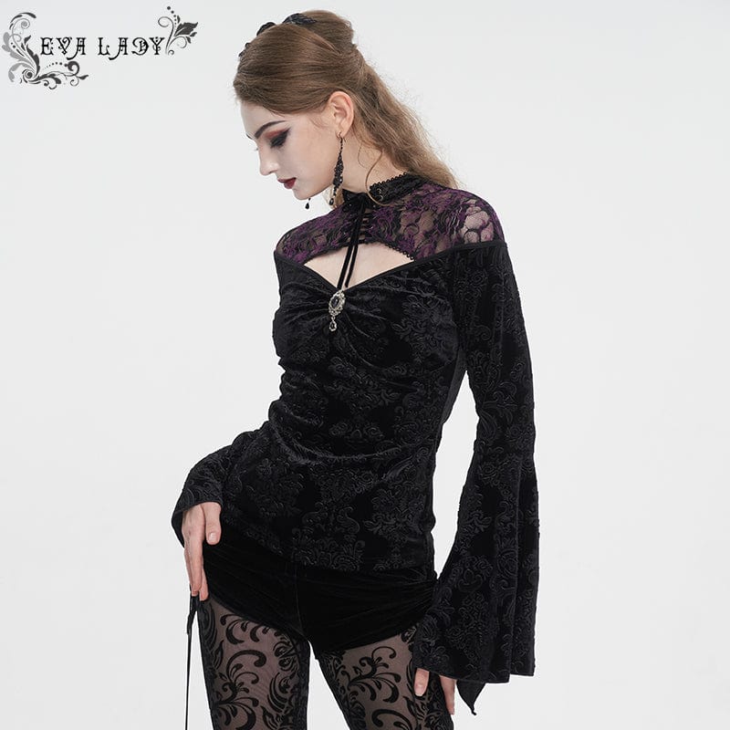 EVA LADY Women's Gothic Cutout Flared Sleeved Floral Embossed Shirt