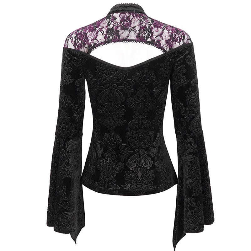 EVA LADY Women's Gothic Cutout Flared Sleeved Floral Embossed Shirt