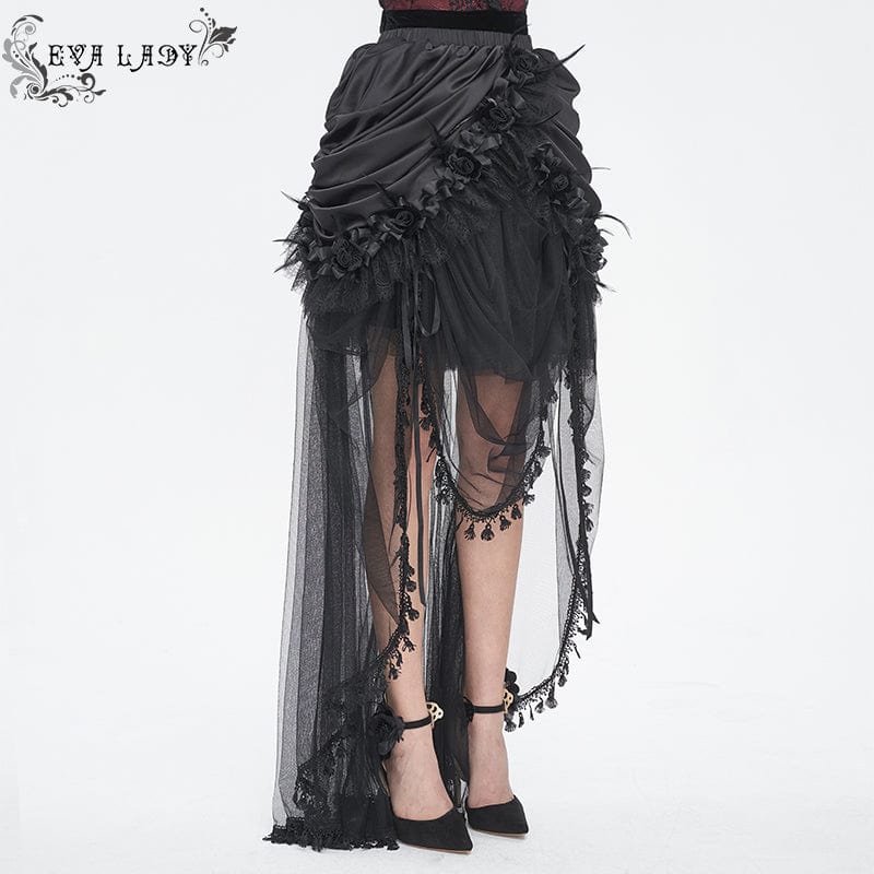 EVA LADY Women's Gothic Drawstring Rose Mesh Splice Skirt