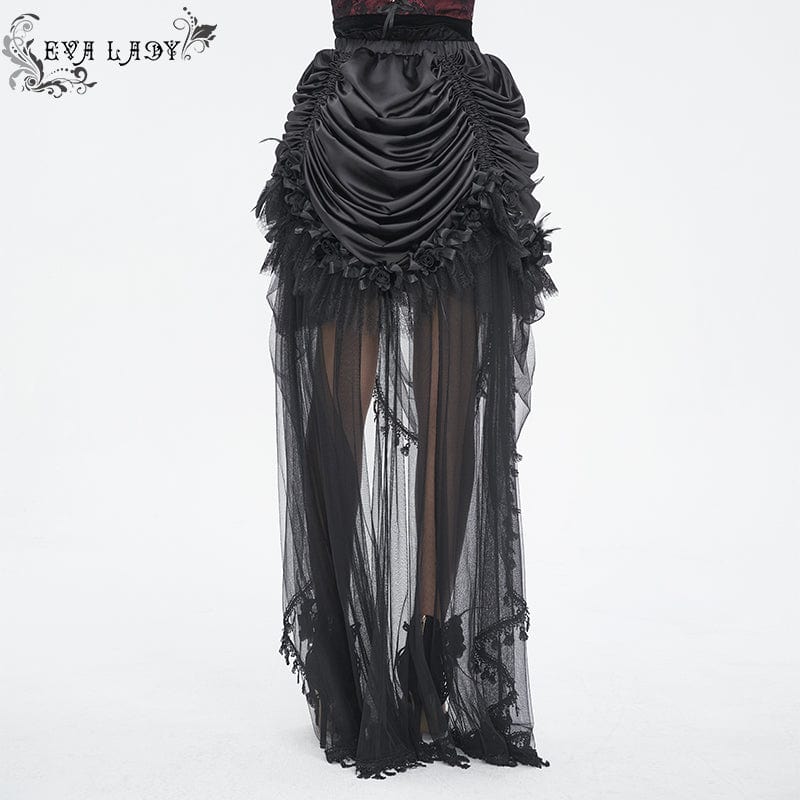EVA LADY Women's Gothic Drawstring Rose Mesh Splice Skirt