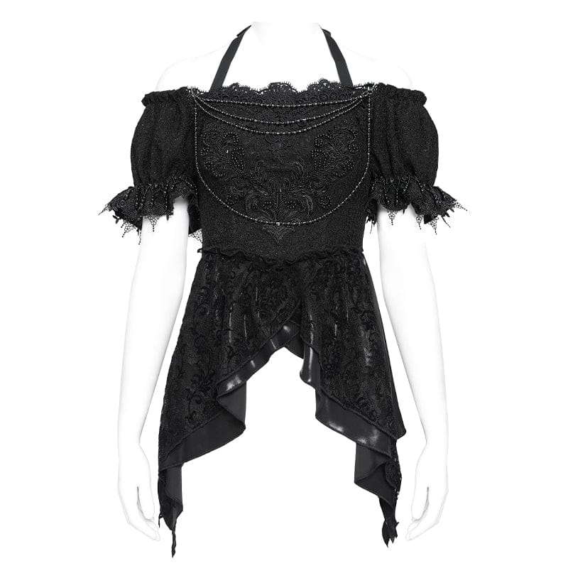 EVA LADY Women's Gothic Embroidered Chained Off Shoulder Shirt Black