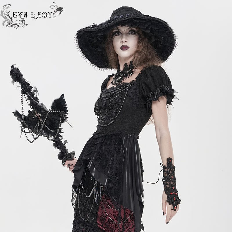 EVA LADY Women's Gothic Embroidered Chained Off Shoulder Shirt Black