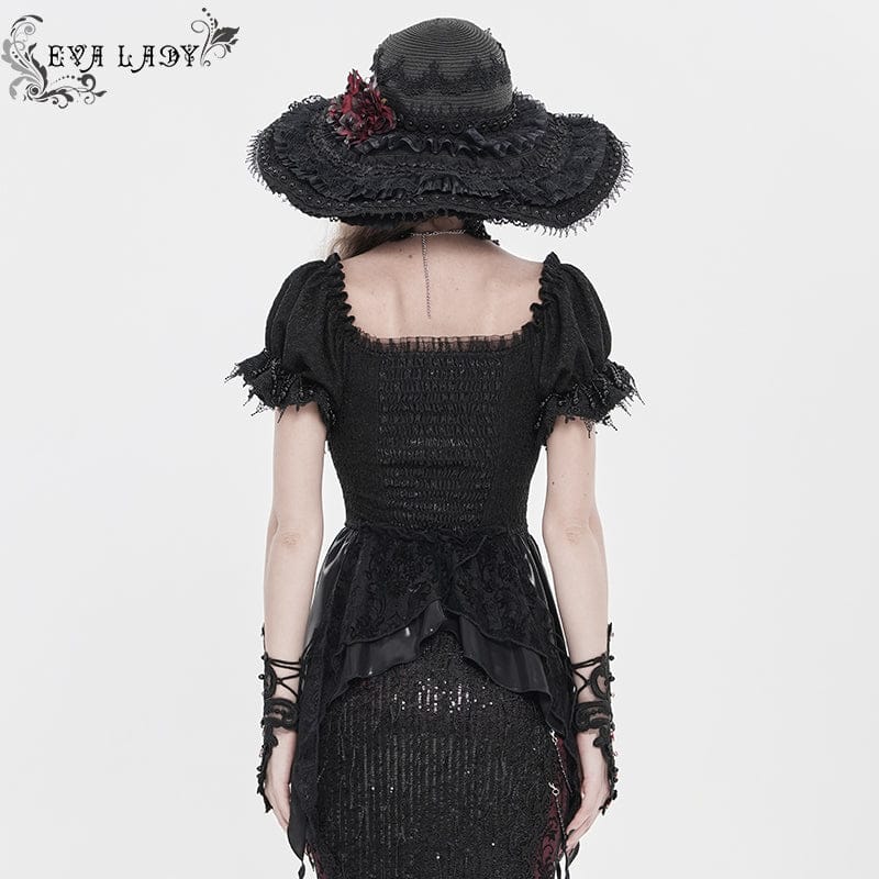 EVA LADY Women's Gothic Embroidered Chained Off Shoulder Shirt Black