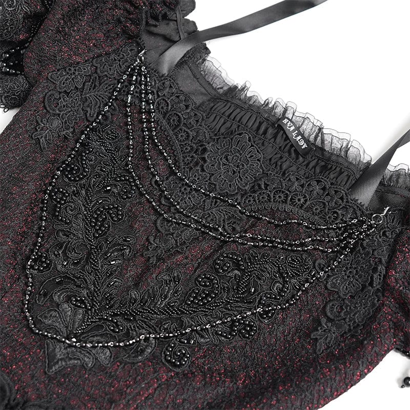 EVA LADY Women's Gothic Embroidered Chained Off Shoulder Shirt Black-Red