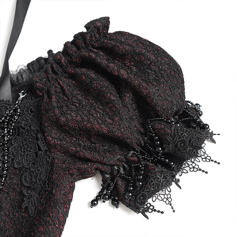 EVA LADY Women's Gothic Embroidered Chained Off Shoulder Shirt Black-Red