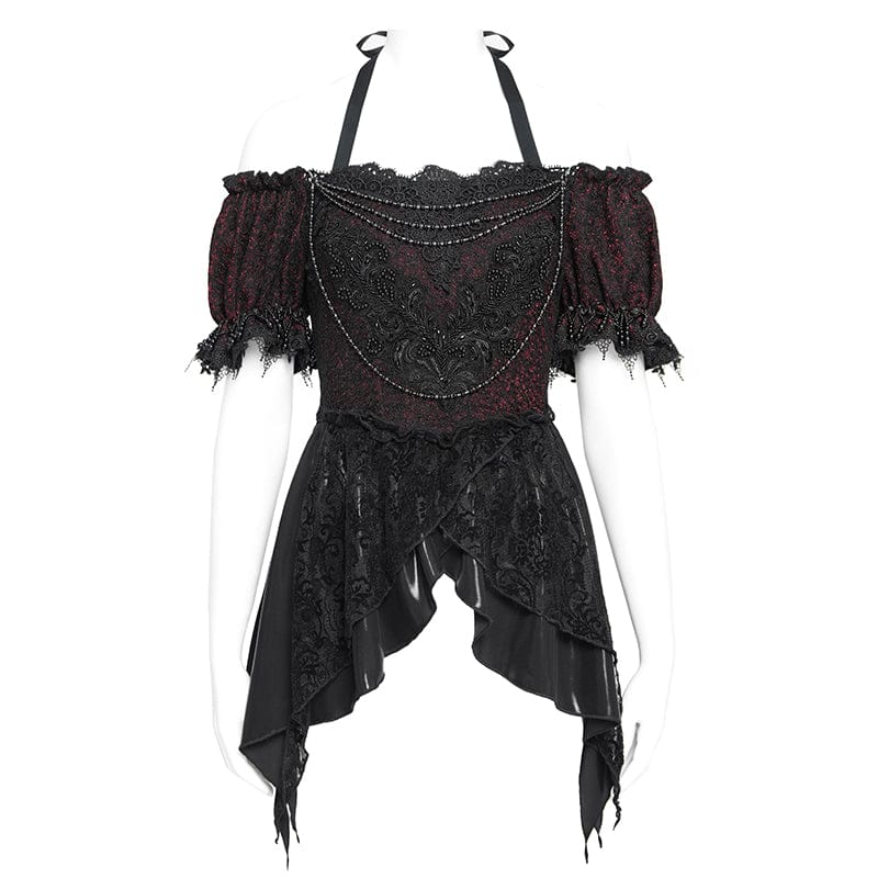 EVA LADY Women's Gothic Embroidered Chained Off Shoulder Shirt Black-Red