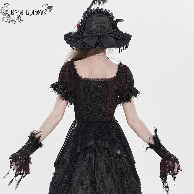 EVA LADY Women's Gothic Embroidered Chained Off Shoulder Shirt Black-Red