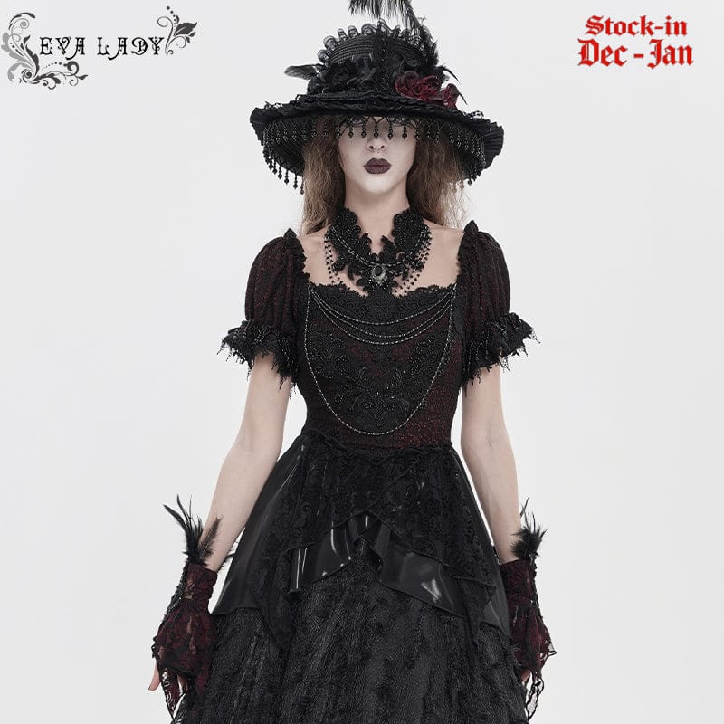 EVA LADY Women's Gothic Embroidered Chained Off Shoulder Shirt Black-Red