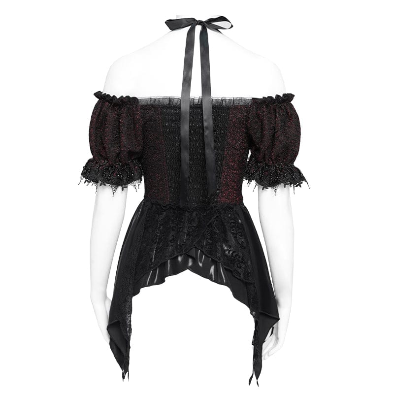 EVA LADY Women's Gothic Embroidered Chained Off Shoulder Shirt Black-Red